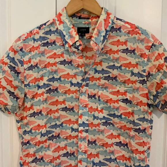 J. Crew Factory Men’s Trout Print Slim Short Sleeve Button Front Shirt Medium - Picture 2 of 10